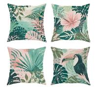 Lot de 4 housses de coussin décoratives en velours doux lavable avec motif hibiscus, feuilles de palmier tropicales, toucan botanique, bleu sarcelle, 30,5 x 30,5 cm