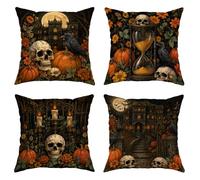 Lot de 4 housses de coussin décoratives en velours doux lavable pour décoration de maison, salon, chambre à coucher, dortoir, canapé, motif tête de mort, citrouilles effrayantes et bougies d'Halloween