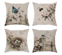 Lot de 4 housses de coussin décoratives en velours doux lavable pour salon, appartement, lit, canapé, décoration pastel, motif papillon et printemps 55,9 x 55,9 cm