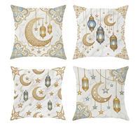 Lot de 4 housses de coussin décoratives en velours doux lavable pour salon, appartement, lit, canapé, motif lune et étoile du Ramadan, doré, 30,5 x 30,5 cm