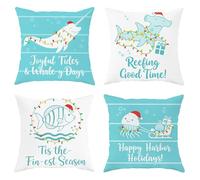 Lot de 4 housses de coussin décoratives festives en velours doux lavables pour salon, chambre à coucher, loft, bureau, voiture, décoration de Noël, motif narval, requin, poisson, turquoise, 55,9 x