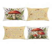 Lot de 4 housses de coussin décoratives lavables en velours doux pour salon, appartement, lit, canapé, motif champignons, fleurs naturelles, fougère, printemps jaune, 50,8 x 30,5 cm