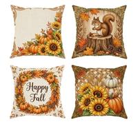 Lot de 4 housses de coussin décoratives rustiques avec fermeture éclair dissimulée - Motif tournesol - Citrouilles et écureuils - Orange automne - 30,5 x 30,5 cm
