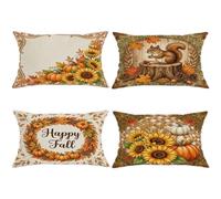 Lot de 4 housses de coussin décoratives rustiques avec fermeture éclair dissimulée - Motif tournesol - Citrouilles et écureuils - Orange automne - 50,8 x 30,5 cm