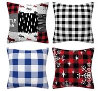 Lot de 4 housses de coussin décoratives rustiques douces 45,7 x 45,7 cm - Motif écossais élan - Flocon de neige - Pin - Pour Noël, extérieur et intérieur