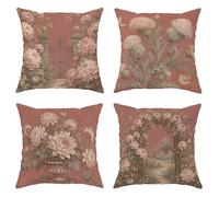 Lot de 4 housses de coussin décoratives vintage et romantiques avec fermeture éclair dissimulée, motif chrysanthème, porte papillon, printemps, rose poudré (40,6 x 40,6 cm)