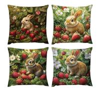 Lot de 4 Housses de Coussin Doux Lin Décoratif Coussin Lapin aux fraises Coussins Décoratifs, avec Surface Hydrofugfe Housse de Coussins de Jardin Décoratif pour Extérieure Chambre 60 x 60 cm b-66
