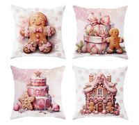 Lot de 4 Housses de Coussin en Forme de Bonhomme en Pain d'épices de Noël, Coffret Cadeau pour gâteau, Maison en Pain d'épices, Mignon, Rose, Lin, Confortable, Lavable, pour Salon, canapé, lit, déco