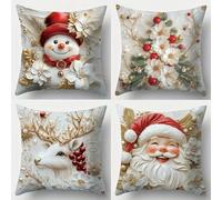 Lot de 4 housses de coussin en lin avec motifs de Noël comme le Père Noël, le renne et le nœud festif pour la maison (JIAX129-8)