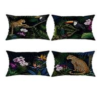 Lot de 4 housses de coussin motif léopard, orchidée tropicale exotique toucan avec fermeture éclair dissimulée pour maison, salon, chambre à coucher, dortoir, canapé, 50,8 x 30,5 cm, vert d'été