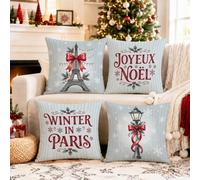 Lot de 4 housses de coussin Motif Tour de Paris 50,8 x 50,8 cm | Illustration de la Tour de Paris - Taies d'oreiller - Lampadaire vintage - Motif flocon de neige d'hiver - Typographie de