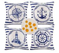 Lot de 4 Housses de Coussin Océanique Série Nautique Ancre Phare Boussole Gouvernail Navigation Taies d'oreiller à Rayures Bleues Lin Imperméable Taie d'oreiller Carrée Décorative 40x40cm