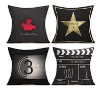 Lot de 4 housses de coussin personnalisées en coton et lin pour cinéma de cinéma - Style vintage - Noir - 45,7 x 45,7 cm