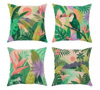 Lot de 4 housses de coussin toucan avec fermeture éclair dissimulée, motif soleil tropical vif, feuilles tropicales, vert d'été, 40,6 x 40,6 cm, pour salon, lit, bureau, canapé, chaise
