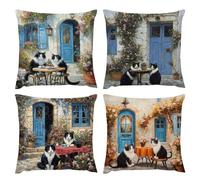 Lot de 4 Housses de Coussin Velours Coussins Decoratif 60x60cm Petite cour paysage chat Coussins Decoration, Coussin Exterieur Impermeable, pour Jardin Maison Chambre Canapé Salon Taie D'oreiller k624
