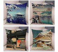 Lot de 4 Housses de Coussins 35x35cm,Rétro paysage japonais Housses de Coussin Décoratives en Velours Taie Oreiller Double Face Housse de Coussin Carré pour Lit Voiture de la Extérieur Maison Canapé