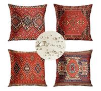 Lot de 4 Housses de Coussins 45x45cm coussins décoratifs Ethnique Marocain Rouge Taie Oreiller en Lin Imperméable Taie d'oreiller avec Fermeture éclair Invisible pour Coussins de Canapé Extérieur D43