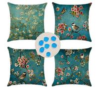 Lot de 4 Housses de Coussins 75x75cm Coussins Décoratifs Fleur D'Oiseau Taie Oreiller en Lin Imperméable Taie d'Oreiller avec Fermeture éclair Invisible Coussins de Canapé de Jardin Extérieur A171