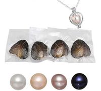 Lot de 4 huîtres rondes en perles d'eau douce de différentes couleurs brillantes et significatives, huîtres avec perles à l'intérieur avec collier à faire soi-même, cadeau pour femme (7-8 mm), Perle,