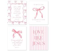 Lot de 4 images de coquette rose sans encadrement pour décoration de chambre à coucher, avec versets de la Bible, affiches Preppy pour chambre à coucher et nœud rose, décoration de chambre pour