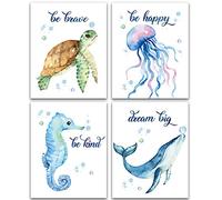 Lot de 4 impressions artistiques avec texte inspirant Texture de rêves Aquarelle Vie marine 20,3 x 25,4 cm, tortue de mer, hippocampe, poisson, baleine, méduse, thème océan bleu, décoration murale