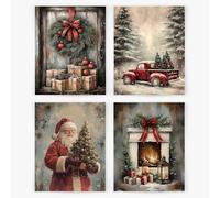 Lot de 4 impressions d'art mural de Noël vintage sans cadre, décoration de Noël rustique, camion rouge, couronne de Noël, Père Noël, cheminée, affiches murales pour maison, chambre à coucher, salon