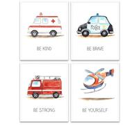 Lot de 4 impressions d'art mural pour chambre d'enfant, chambre de garçon, sans cadre, camion de pompiers, ambulance, voiture de police, transport de voiture, œuvre d'art pour chambre à coucher,