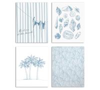 Lot de 4 impressions d'art mural sans cadre avec corde à linge bleue, conque, coquillage, palmier, décoration de chambre à coucher, décoration de chambre à coucher, salon, 20,3 x 25,4 cm