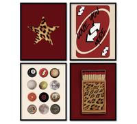 Lot de 4 impressions d'art mural sans cadre rétro rouge - Motif léopard - Boîte d'allumettes porte-bonheur - 8 balles - Décoration murale pour chambre de fille, dortoir, chambre à coucher, appartement
