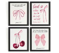 Lot de 4 impressions d'art mural sans encadrement avec nœud rose et verset de la Bible cerise pour adolescentes, dortoir, chambre à coucher, salle de bain, écriture chrétienne, 30,5 x 40,6 cm