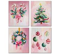 Lot de 4 impressions murales de Noël sans cadre, rose et vert, décoration de Noël pastel, décoration de Noël pastel, boule de sucre d'orge, couronne d'arbre de Noël, affiches pour filles, dortoir