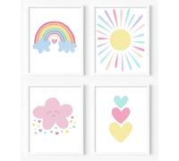 Lot de 4 impressions sur toile rose pastel pour décoration murale de chambre d'enfant - Motif nuage rose, cœurs colorés - Décoration murale bohème pour chambre de bébé fille (20,3 x 25,4 cm, sans