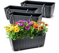 Lot de 4 jardinières de balcon avec support métallique En plastique au design rotin anthracite. Dimensions : 40 x 15 x 14 cm. Prix