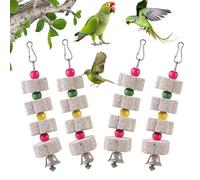 Lot de 4 jouets à mâcher pour oiseaux, jouet molaire en pierre minérale, pierre de football pour aiguiser le bec avec sonnettes, jeux pour perroquets, jouets à suspendre avec cloche