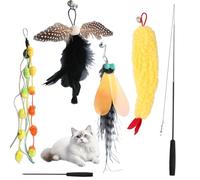 Lot de 4 jouets interactifs pour chats d'intérieur et adultes - Baguette à plumes - Jouet pour chat - Baguette télescopique - Crevettes tempura - Boule en peluche - Ruban noir - Cigale - Insectes