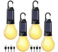 Lot de 4 lampes de camping solaires rechargeables avec mousqueton, lanterne de camping LED, lampe de camping, lampe de camping pour urgence, randonnée, camping