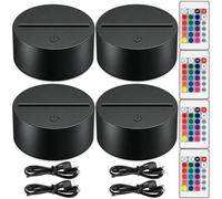 Lot de 4 lampes LED 3D pour lampe de nuit avec télécommande et câble USB réglable 16 couleurs, support d'exposition pour acrylique et plexiglas, magasin, restaurant