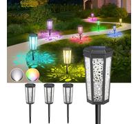 Lot de 4 lampes solaires d'extérieur pour allée - Blanc froid et RVB - Étanche du crépuscule à l'aube - Pour éclairage de jardin extérieur, terrasse, chemin, cour, allée, allée, design moderne avec 2