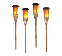 Lot de 4 lampes solaires d'extérieur - Torches solaires faites à la main - Placage en bambou - Torches solaires avec flamme vacillante - Décoration extérieure pour jardin et cour - Torches solaires