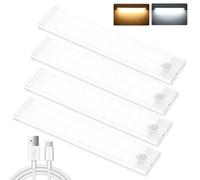 Lot de 4 lampes sous placard de cuisine, 44 LED, 3 modes, détecteur de mouvement, 2000 mAh USB de type C, rechargeable, lumière d'armoire, 2 temps de couleur, éclairage de placard pour escaliers