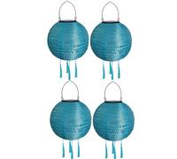 Lot de 4 lampions solaires d'extérieur résistants aux intempéries - Lampion solaire à LED - Étanche - Avec pompon - Lampes solaires à suspendre - En papier - 20 cm - Bleu