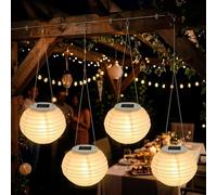 Lot de 4 lampions solaires LED ronds 12 cm en nylon | Éclairage décoratif de jardin, blanc chaud, résistant aux intempéries, lampe solaire