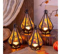 Lot de 4 lanternes citrouilles décoratives d'Halloween avec bougies LED, lampe citrouille lumineuse, lanterne citrouille à suspendre, lanterne LED pour décoration d'Halloween, intérieur et extérieur