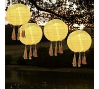 Lot de 4 Lanternes Solaires 20 cm Résistantes aux Intempéries et à l'eau, Lanternes Suspendues en Nylon avec 4 pompons, LED étanches, idéales pour le Jardin, la Cour, la Terrasse, les Mariages