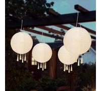 Lot de 4 lanternes solaires chinoises à suspendre avec glands IP55 en nylon imperméable pour jardin, terrasse, cour, mariages, anniversaires, fêtes et événements (champagne)