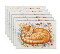 Lot de 4 Lin et Coton Chat Orange Sauvage Sets de Table | Lavables Antidérapants Set de Table, Style Aquarelle Doux Napperons Décoratifs pour Cuisine, Salle à Manger 45x30cm