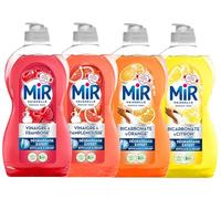Lot de 4 Liquides Vaisselle MIR 450ml - Vinaigre & Bicarbonate - Parfums Framboise, Pamplemousse, Orange, Citron - Nettoyant Écologique, Dégraissant Naturel
