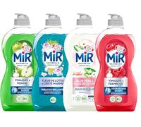 Lot de 4 Liquides Vaisselle MIR 450ml - Vinaigre & Framboise, Vinaigre & Pomme, Aloe Vera & Fleur de Coton, Fleur de Lotus & Criste Marine - Parfumés, Écologiques, Doux pour les mains