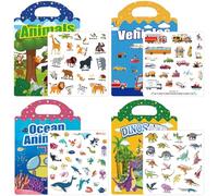 Lot de 4 Livres d'autocollants Réutilisables, ivre D'Autocollants Pour Enfants, 3D Gommettes Enfant 2 3 ans, Animaux, Dinosaures, Monde océanique, Véhicule Pour Enfants, Noël Cadeaux d'anniversaire