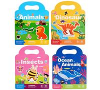 Lot de 4 livres d'autocollants réutilisables, livre d'autocollants réutilisables pour les tout-petits, 4 thèmes éducatifs, livres portables pour enfants occupés, jouets de voyage pour tout-petits